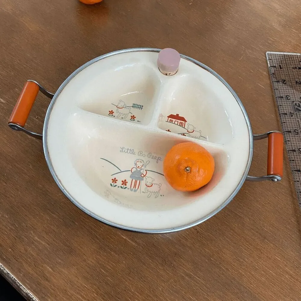Vintage Little Bo Peep Baby Warming Dish with Chromium Handles, 1940s